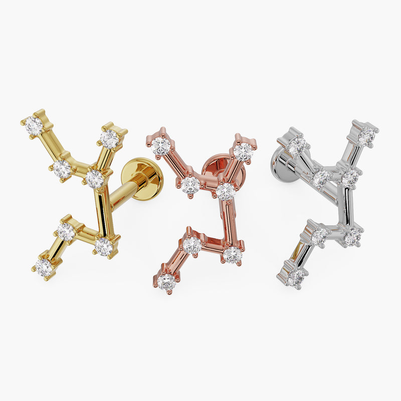 Virgo constellation flat back labret in 14k yellow, rose, and white gold side-by-side color comparison