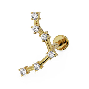 14k yellow gold Libra constellation flat back labret with CZ stars, angled front view