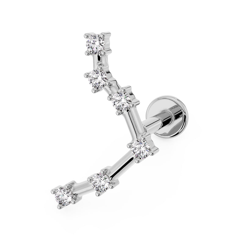 14k white gold Libra constellation flat back labret with CZ stars, angled front view showing round flat back disc
