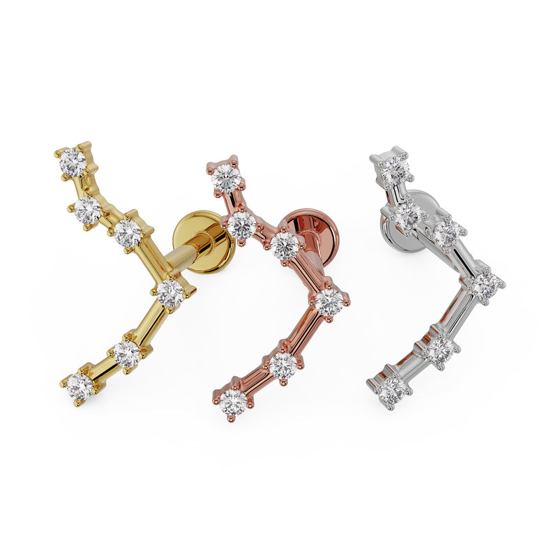 Libra constellation flat back earring in 14k yellow, rose, and white gold side-by-side color comparison