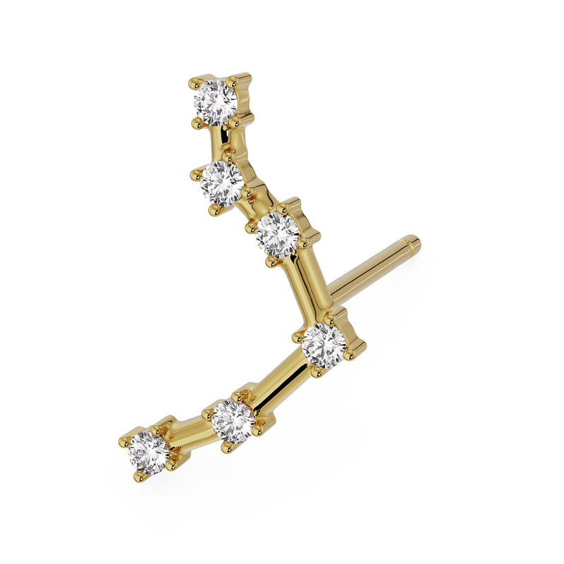 14k yellow gold Libra constellation stud earring with CZ stones, showing post backing