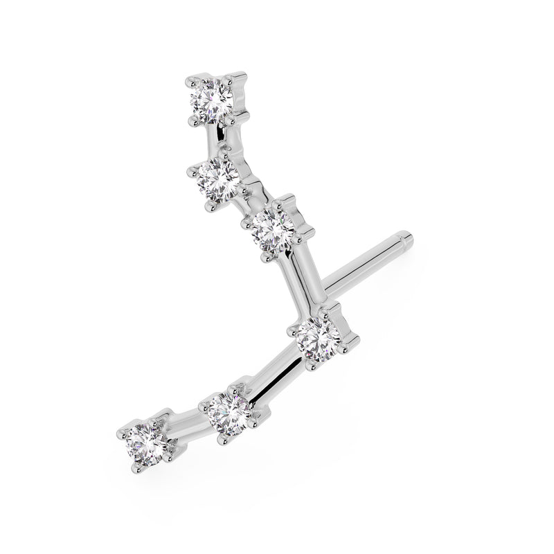 14k white gold Libra constellation stud earring with CZ stones and post, angled view