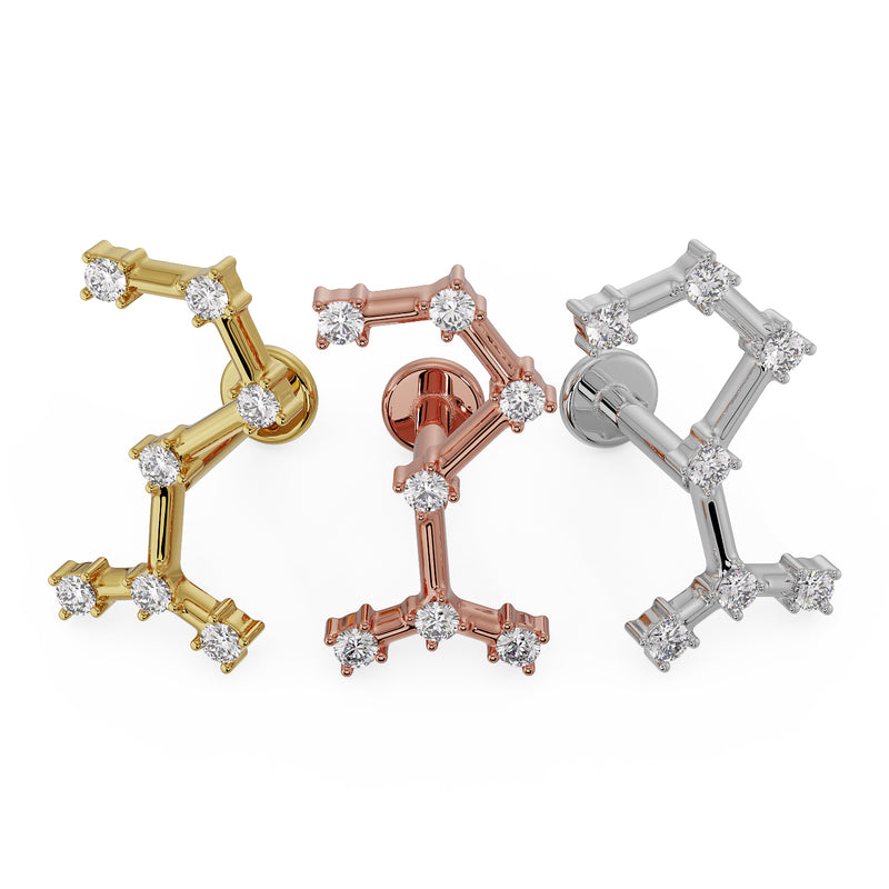 Scorpio constellation flat back earring shown side by side in 14k yellow, rose, and white gold