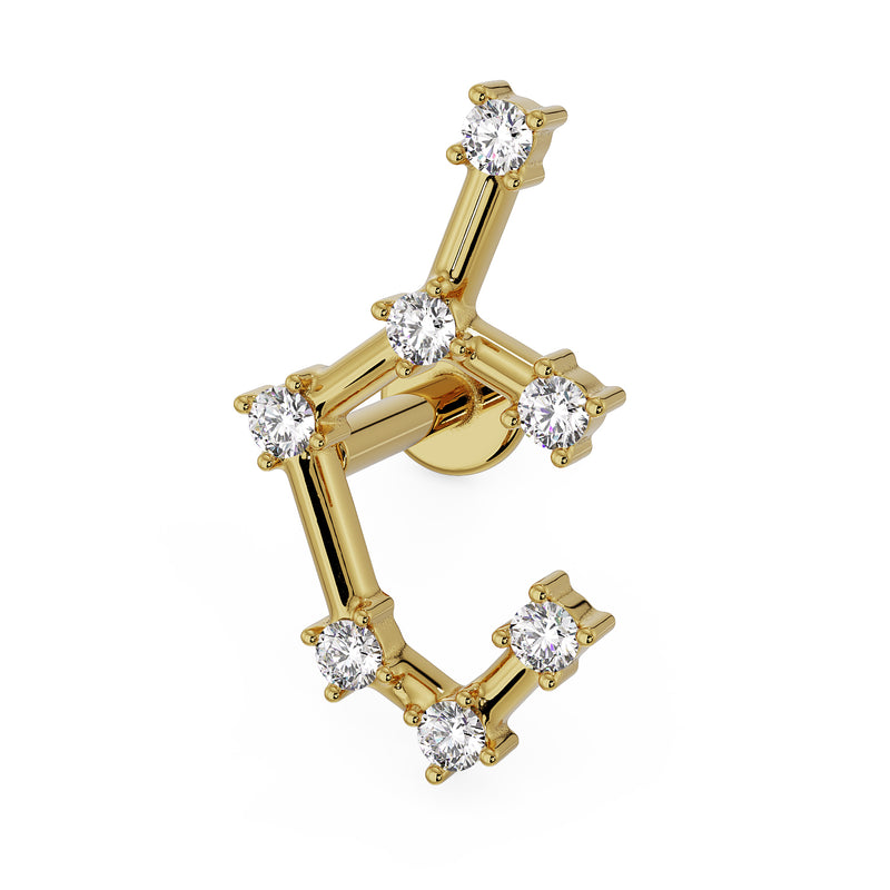 Sagittarius constellation flat back labret in 14k yellow gold with prong-set CZ stars, front view