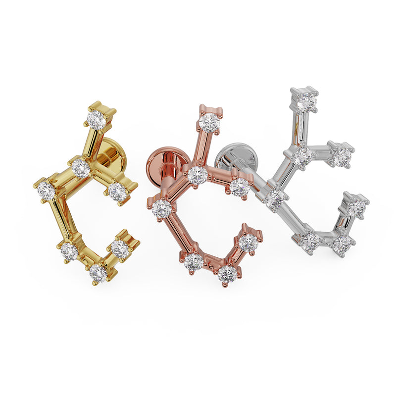 Sagittarius constellation flat back earring in all three metal colors: 14k yellow, rose, and white gold
