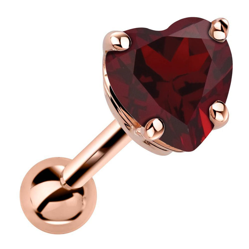 14k rose gold heart cartilage stud with genuine garnet, deep red stone in 4-prong basket setting