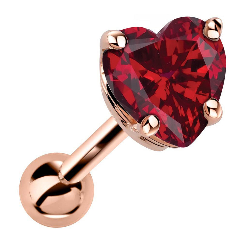 14k rose gold heart cartilage stud with genuine ruby, vivid red stone in 4-prong basket setting