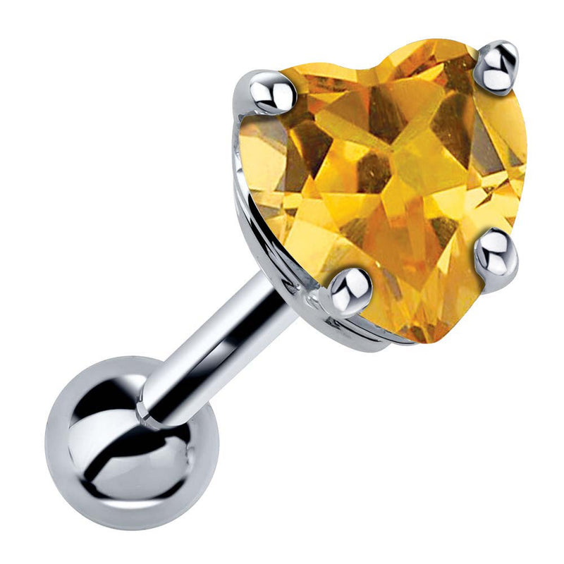 14k white gold heart cartilage stud with genuine citrine, golden yellow stone in 4-prong basket setting