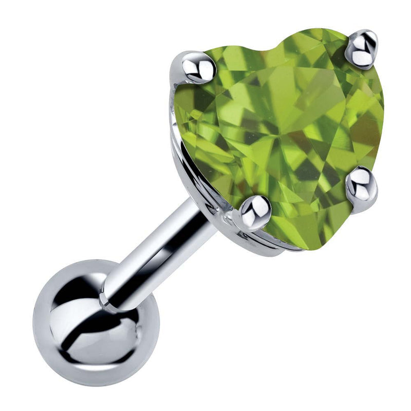 14k white gold heart cartilage stud with genuine peridot, bright green stone in 4-prong basket setting