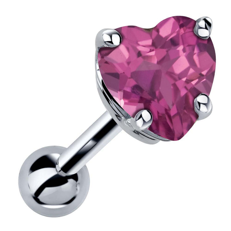 14k white gold heart cartilage stud with genuine tourmaline, pink stone in 4-prong basket setting