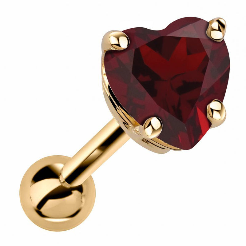 14k yellow gold heart cartilage stud with genuine garnet, deep red stone in 4-prong basket setting