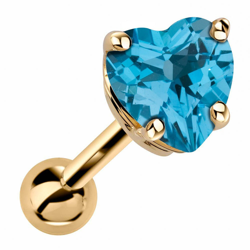 14k yellow gold heart cartilage stud with blue topaz gemstone in 4-prong setting, angled product view