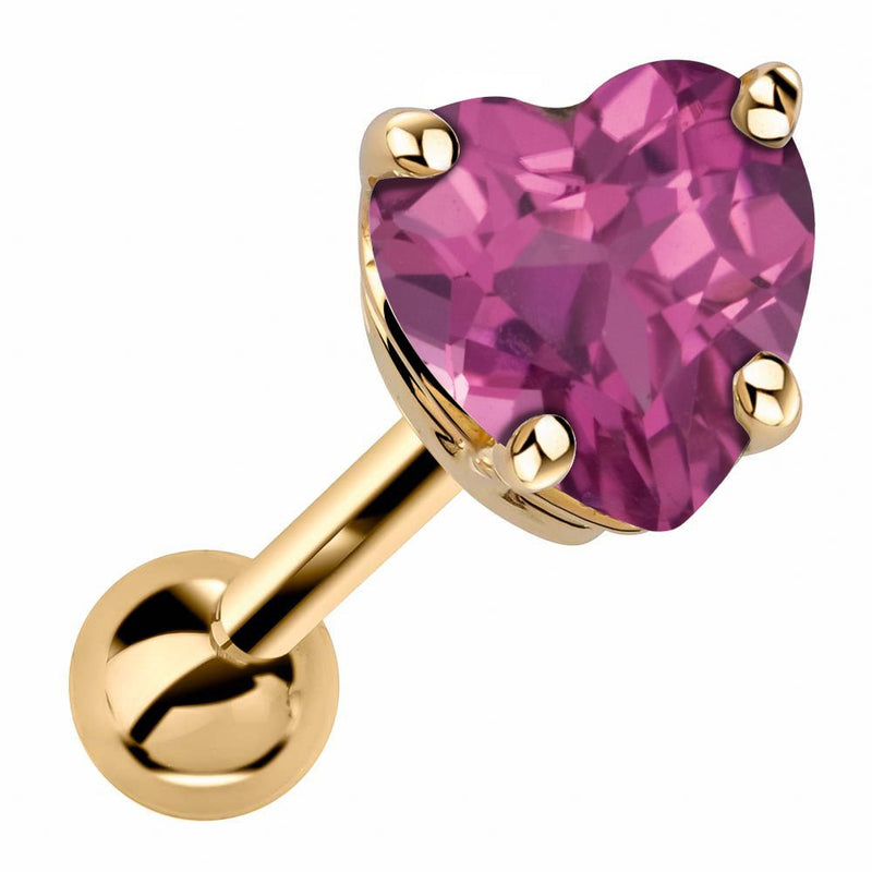 14k yellow gold heart cartilage stud with genuine tourmaline, hot pink stone in 4-prong basket setting