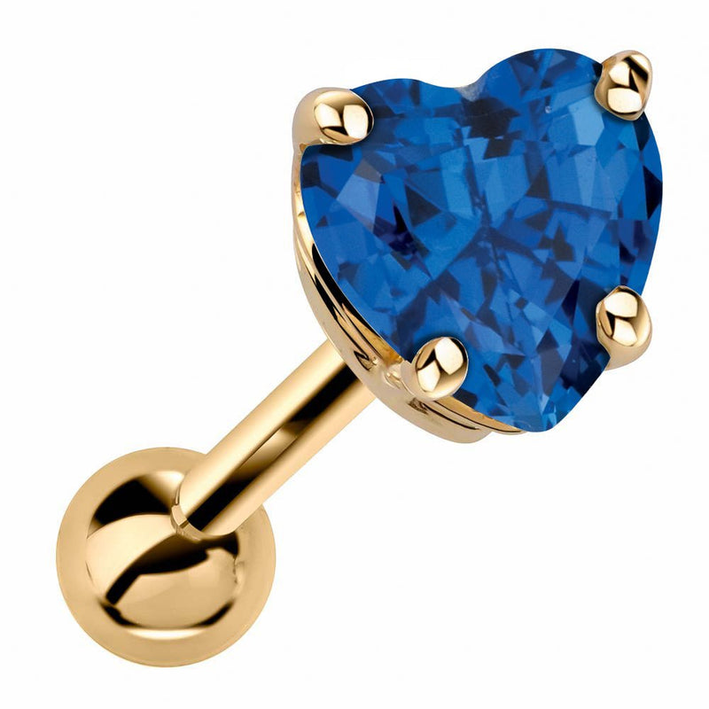 14k yellow gold heart cartilage stud with genuine sapphire, deep blue stone in 4-prong basket setting