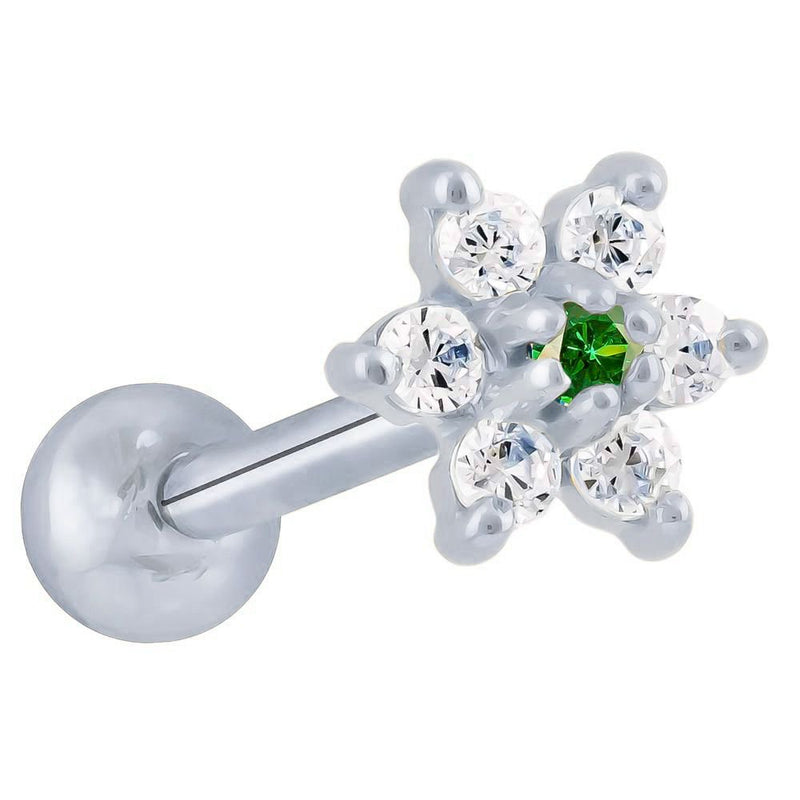 14k white gold CZ flower cartilage stud with dark green center CZ and clear surrounding petals