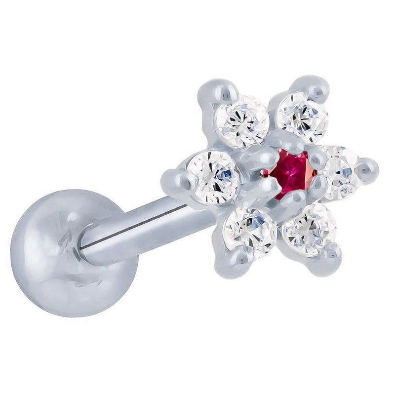14k white gold CZ flower cartilage stud with red center CZ stone and clear petal stones