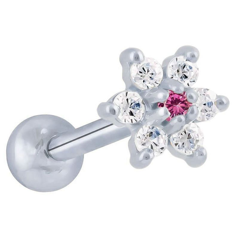 14k white gold CZ flower cartilage stud with pink center stone and clear CZ petal stones