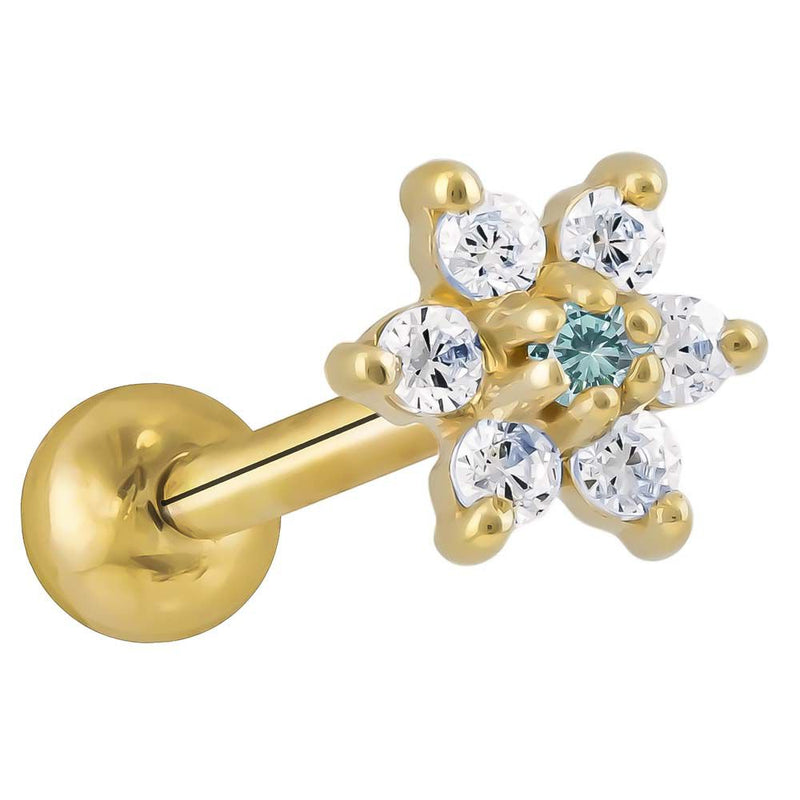 14k yellow gold CZ flower cartilage stud with light blue center CZ and clear petal stones