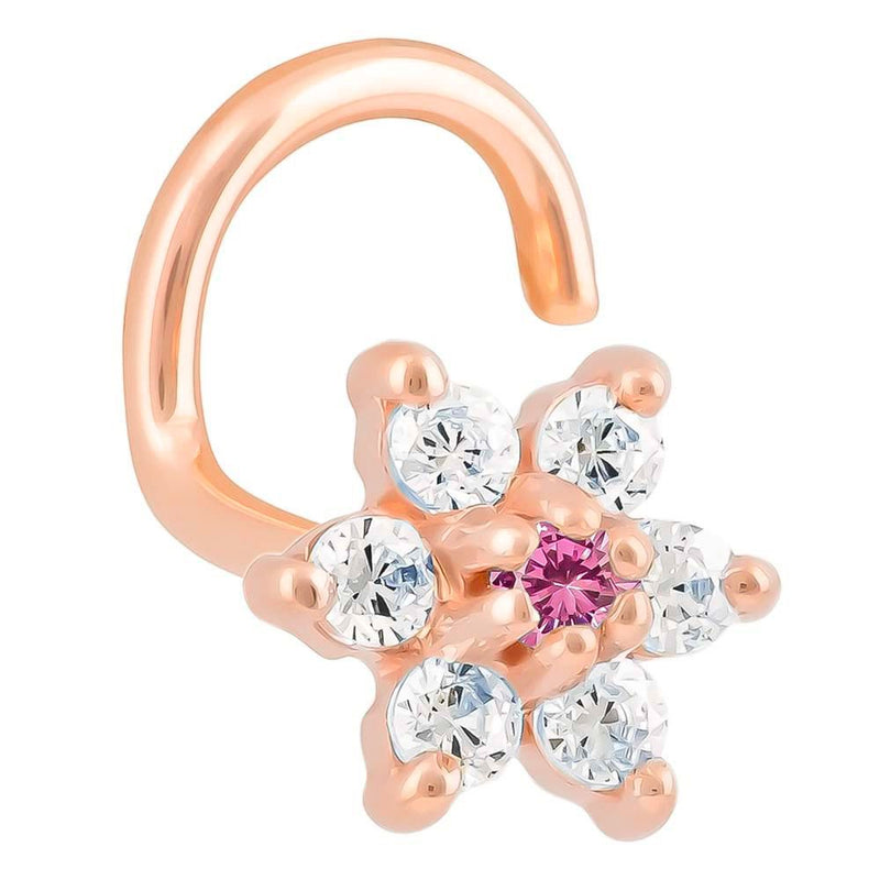 14K rose gold CZ flower nose ring twist with pink tourmaline center CZ, front angled view