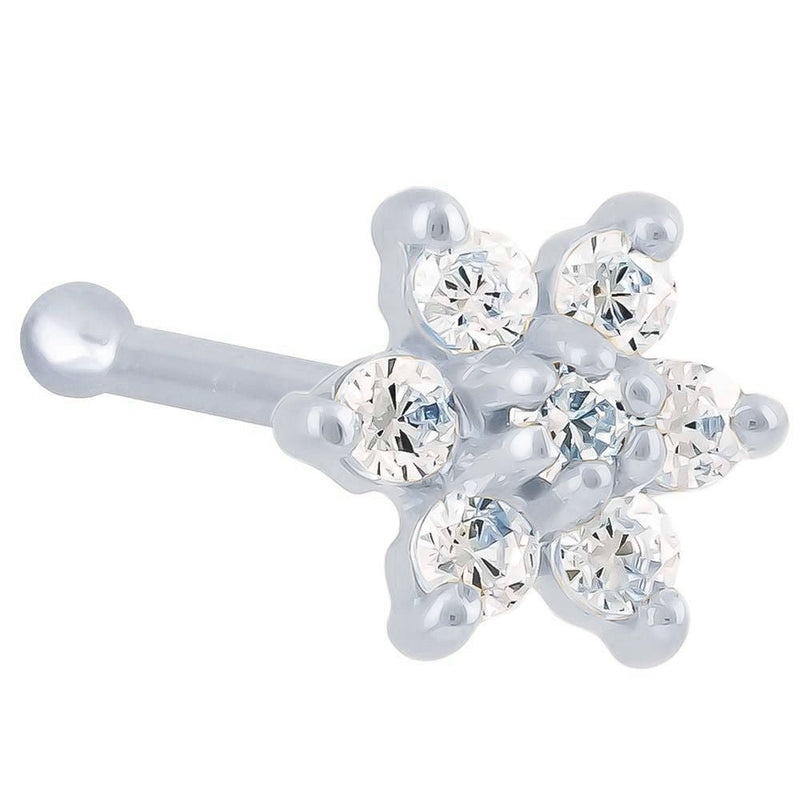 14K white gold diamond flower nose bone stud, angled view showing ball end and 7-diamond flower cluster