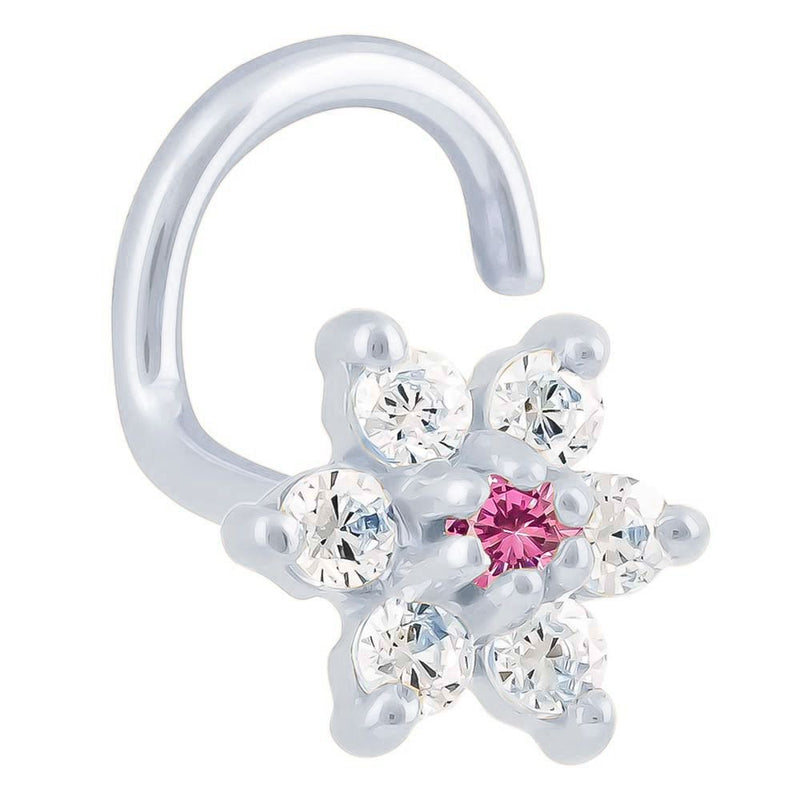 14K white gold CZ flower nose ring twist with pink tourmaline center CZ, front angled view