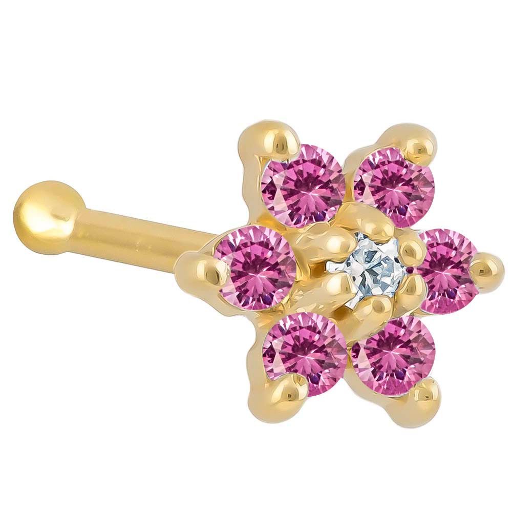 Colorful CZ Flower 14K Gold Nose Bone-14K Yellow Gold   20G   Pink , Clear
