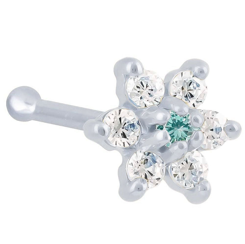 14K white gold flower nose bone with light blue aquamarine CZ center and clear CZ petals