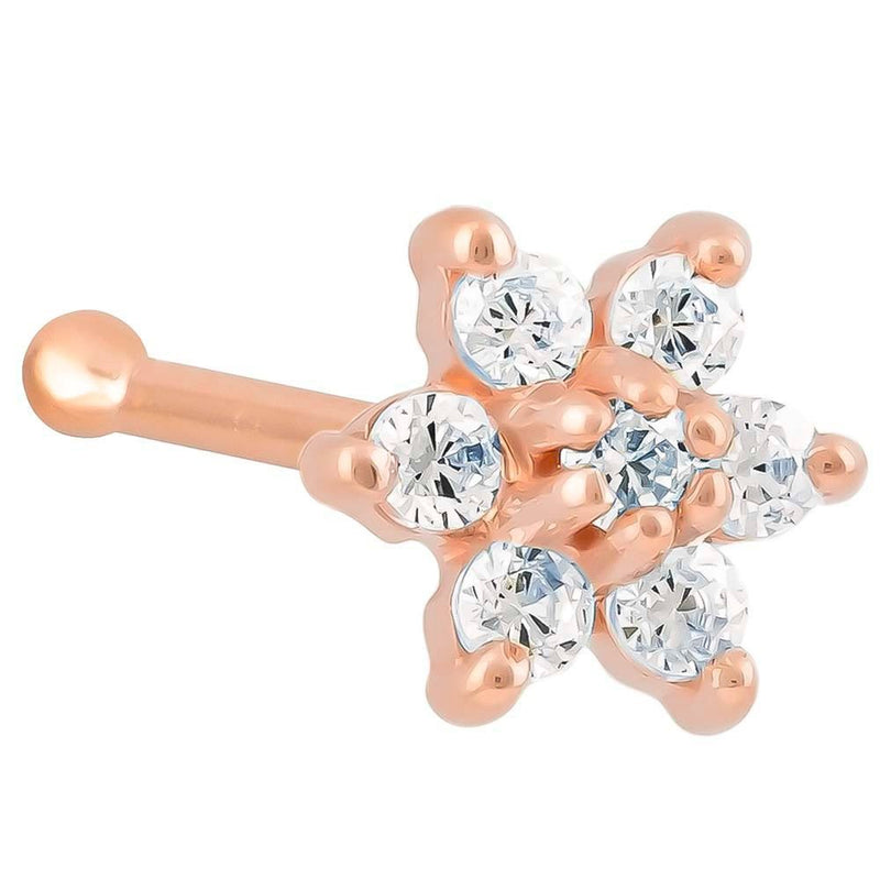 14K rose gold diamond flower nose bone stud, angled view showing ball end and 7-diamond flower cluster