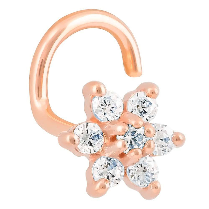 14K rose gold CZ flower nose ring twist with clear CZ stones, front angled view on white background