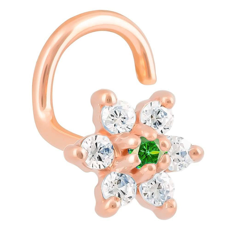 14K rose gold CZ flower nose ring twist with emerald green center CZ, front angled view on white