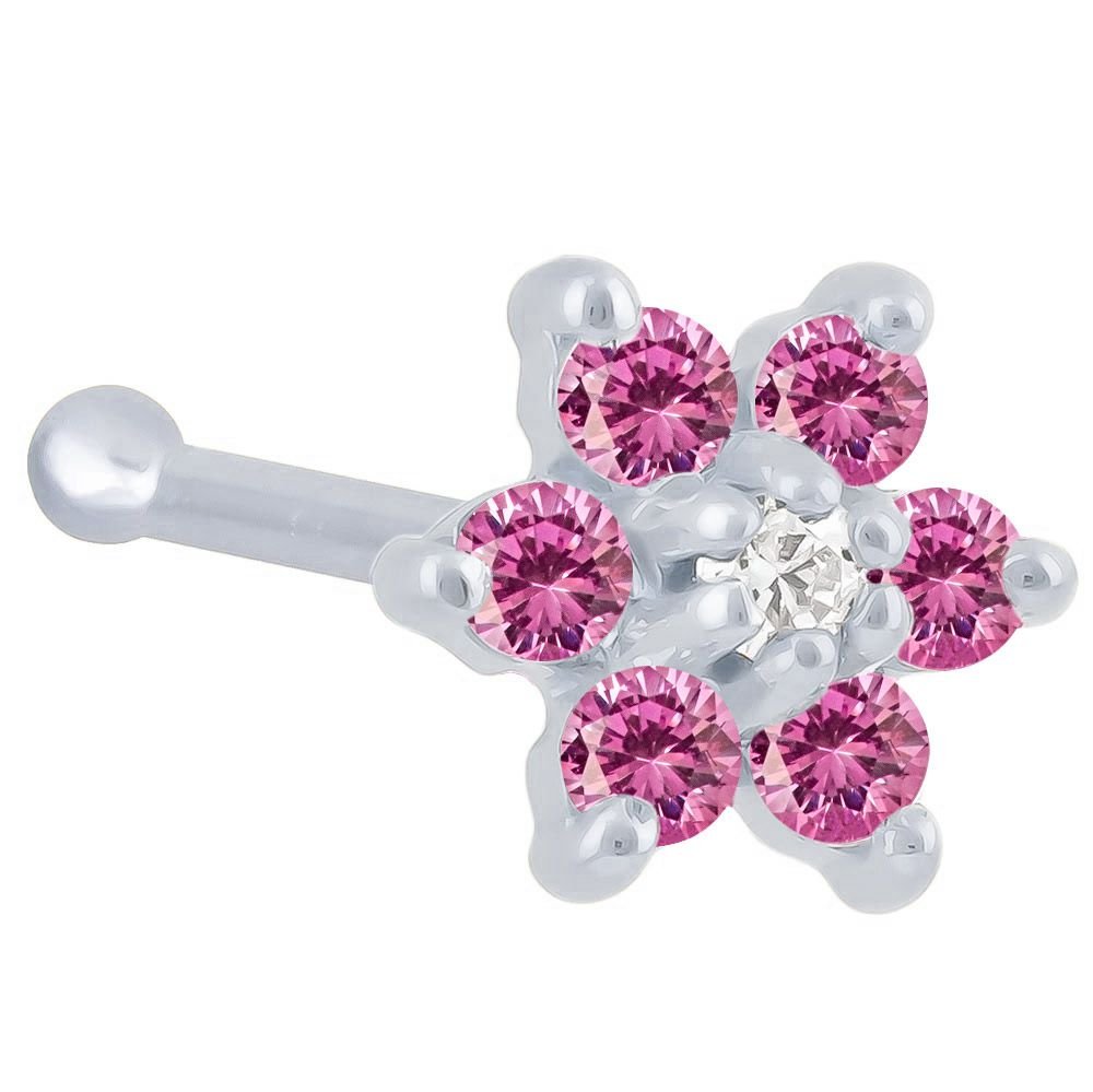 Colorful CZ Flower 14K Gold Nose Bone-14K White Gold   20G   Pink , Clear