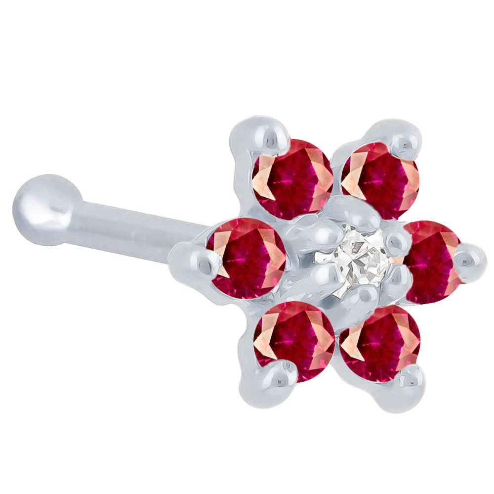 Colorful CZ Flower 14K Gold Nose Bone-14K White Gold   20G   Red , Clear