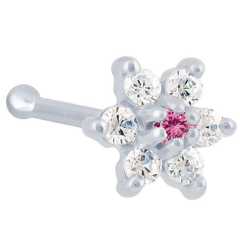14K white gold flower nose bone with pink tourmaline CZ center and clear CZ petals, angled view