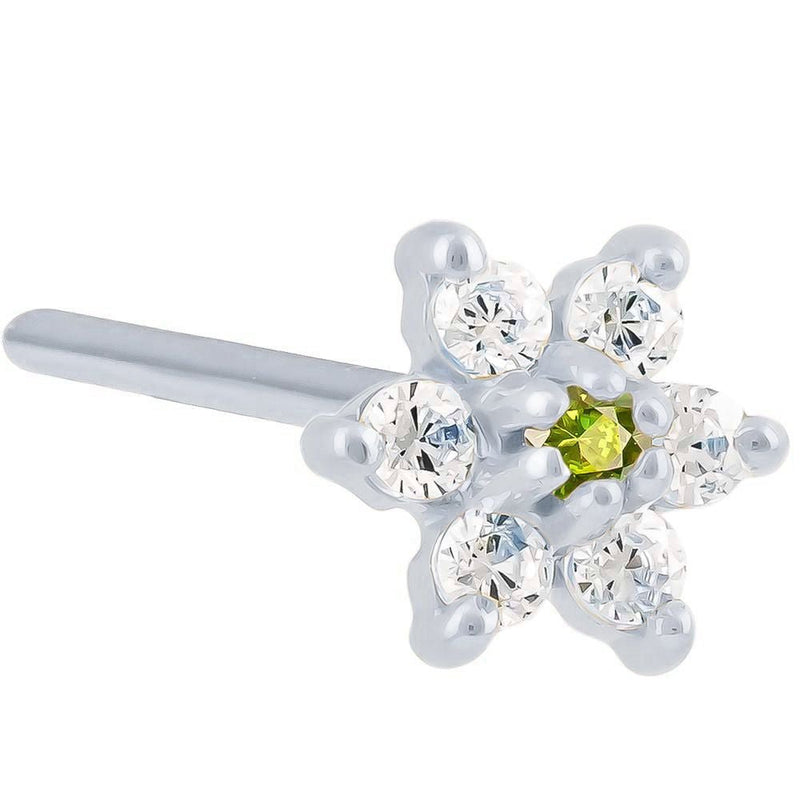 14K white gold flower nose ring with light green peridot CZ center and clear CZ petals