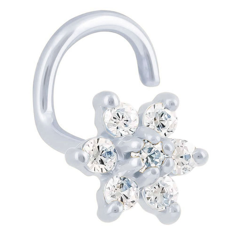 14K white gold diamond flower nose ring twist style, side-angled product view on white background