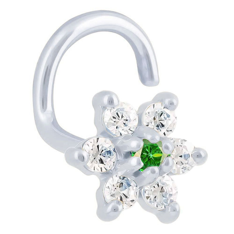 14K white gold CZ flower nose ring twist with emerald green center CZ, front angled view