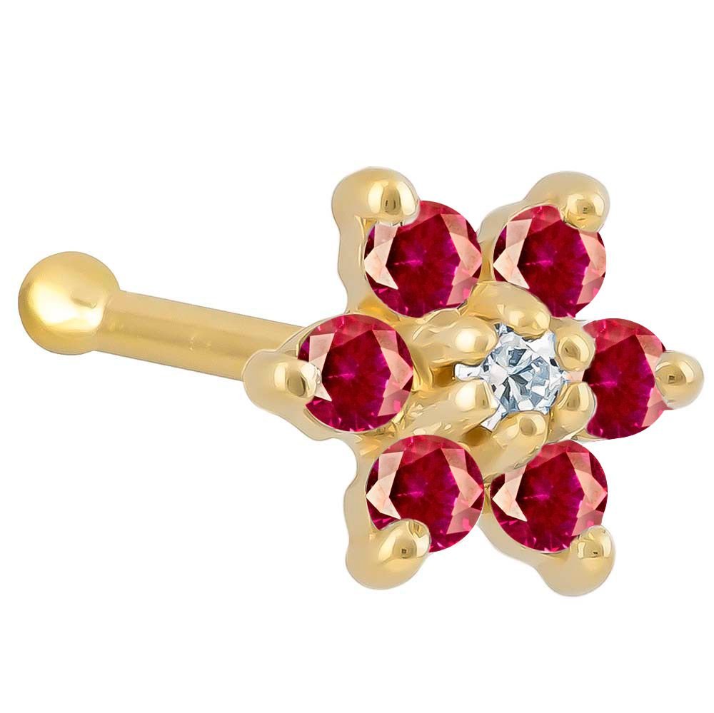 Colorful CZ Flower 14K Gold Nose Bone-14K Yellow Gold   20G   Red , Clear