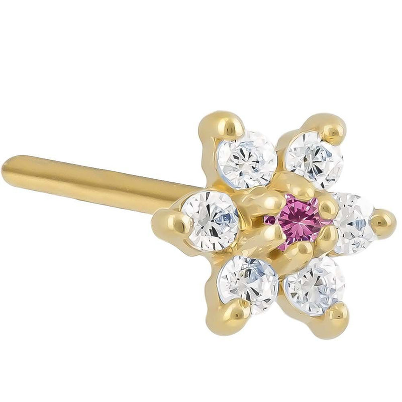 14K yellow gold flower nose ring with pink tourmaline CZ center stone, 20G gauge