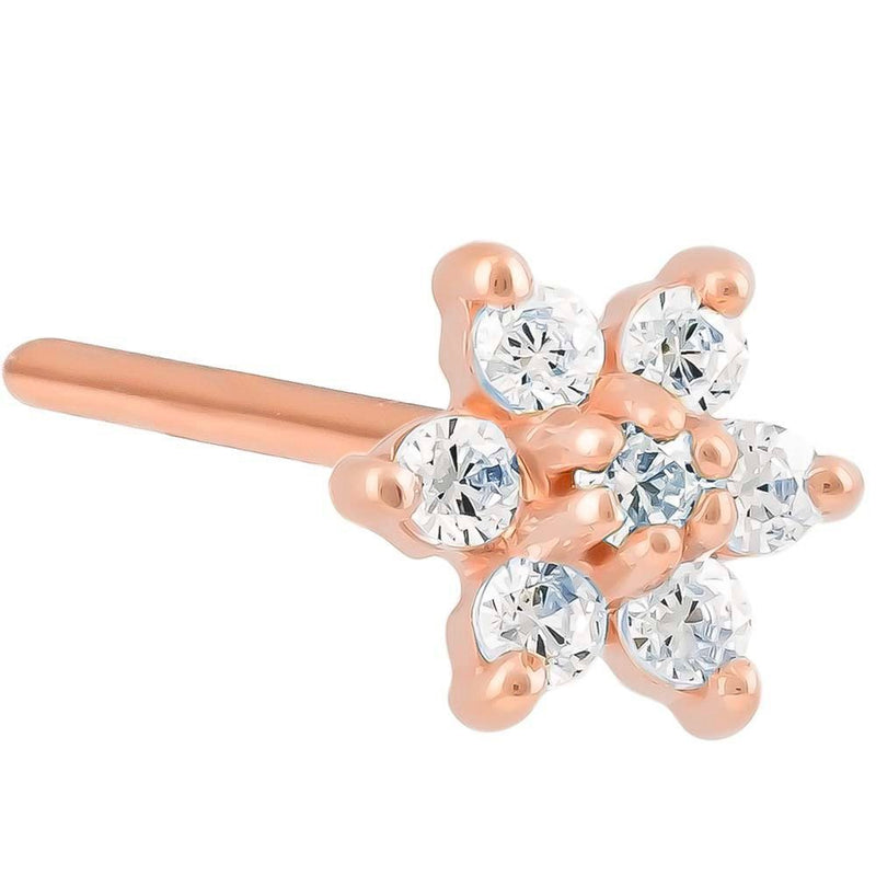 14K rose gold all-clear CZ flower nose ring, 18G pin post, front product view