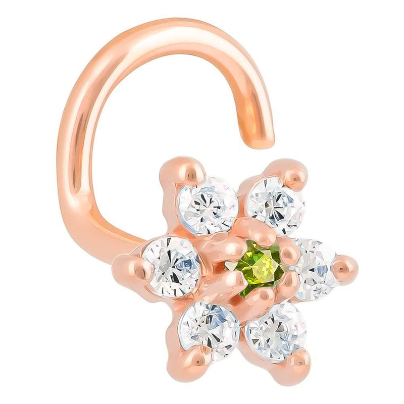 14K rose gold CZ flower nose ring twist with light green peridot center CZ, front angled view