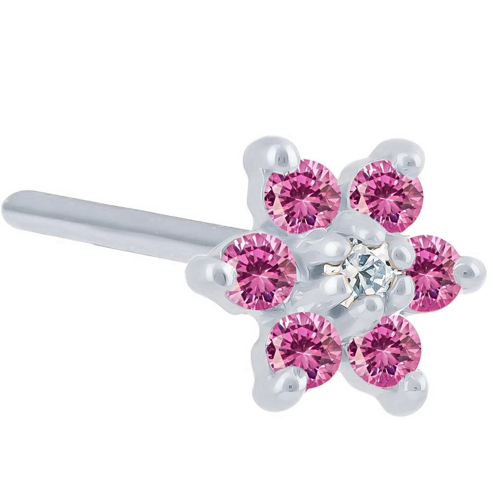 Colorful CZ Flower 14K Gold Nose Ring Pin Post-14K White Gold   20G   Pink , Clear