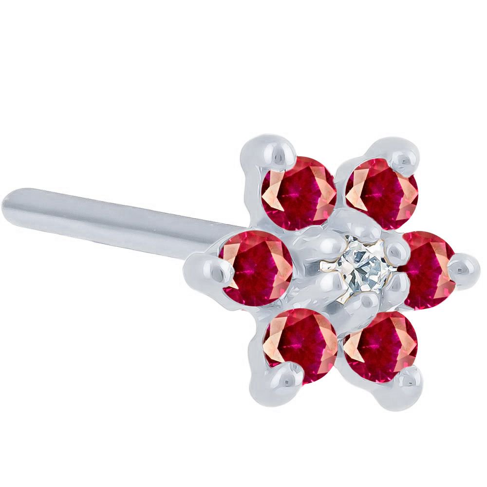 Colorful CZ Flower 14K Gold Nose Ring Pin Post-14K White Gold   20G   Red , Clear