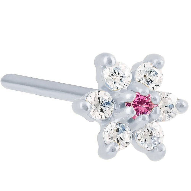 14K white gold flower nose ring with pink tourmaline CZ center, 18G pin post