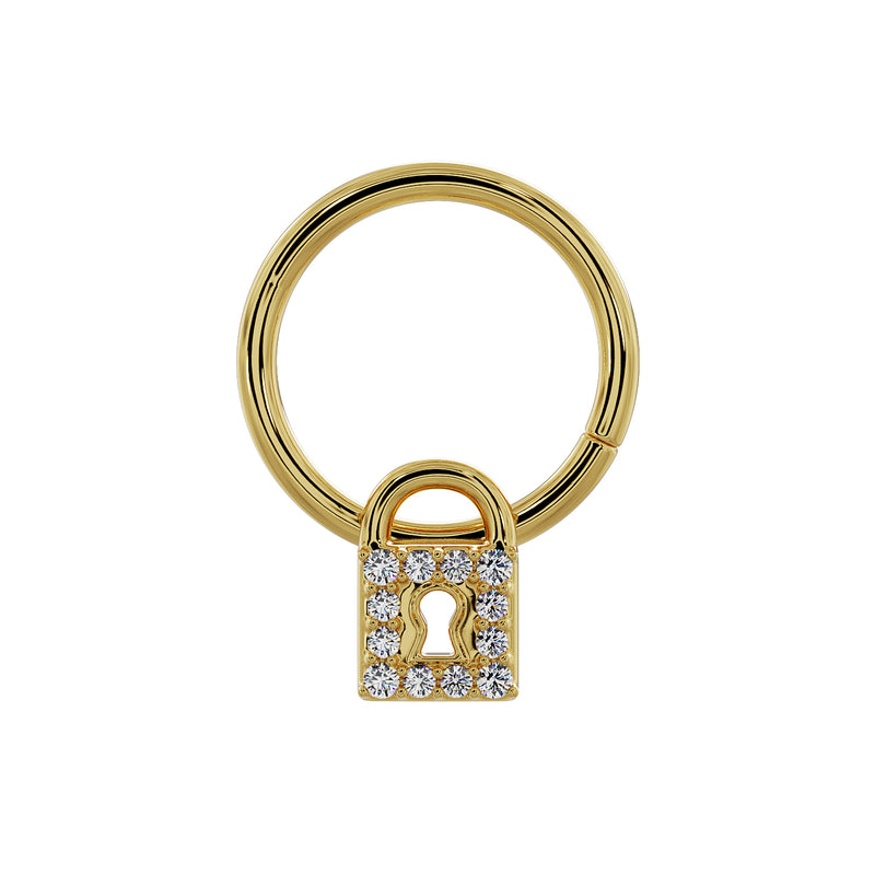 Close-up front view of 14k yellow gold seam ring highlighting diamond-set padlock charm detail