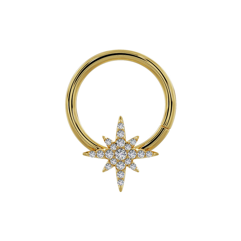 14K yellow gold north star cartilage hoop, larger star charm view showing full diamond pave coverage