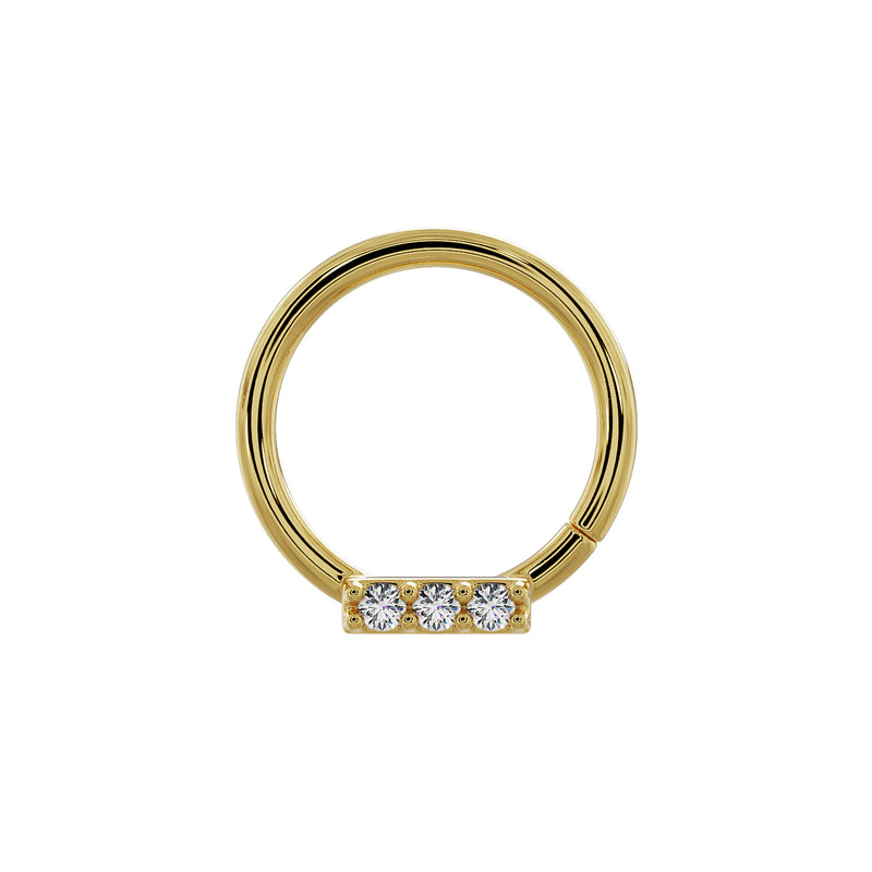 14K yellow gold trinity diamond seam ring with diamond bar centered at bottom, straight-on view