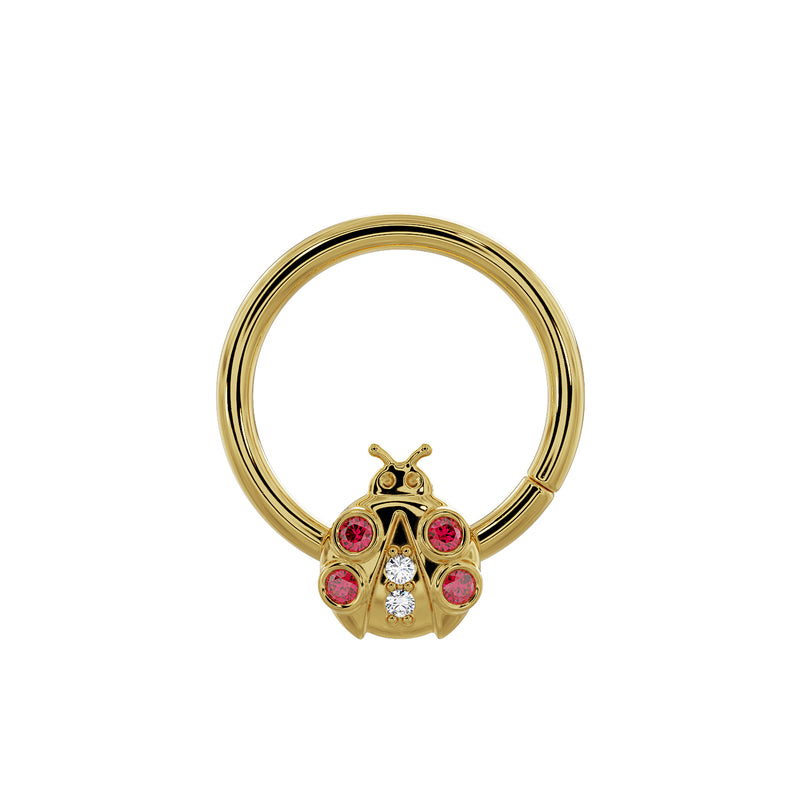 14K yellow gold ladybug seam ring, slightly larger diameter showing full hoop proportions, front view