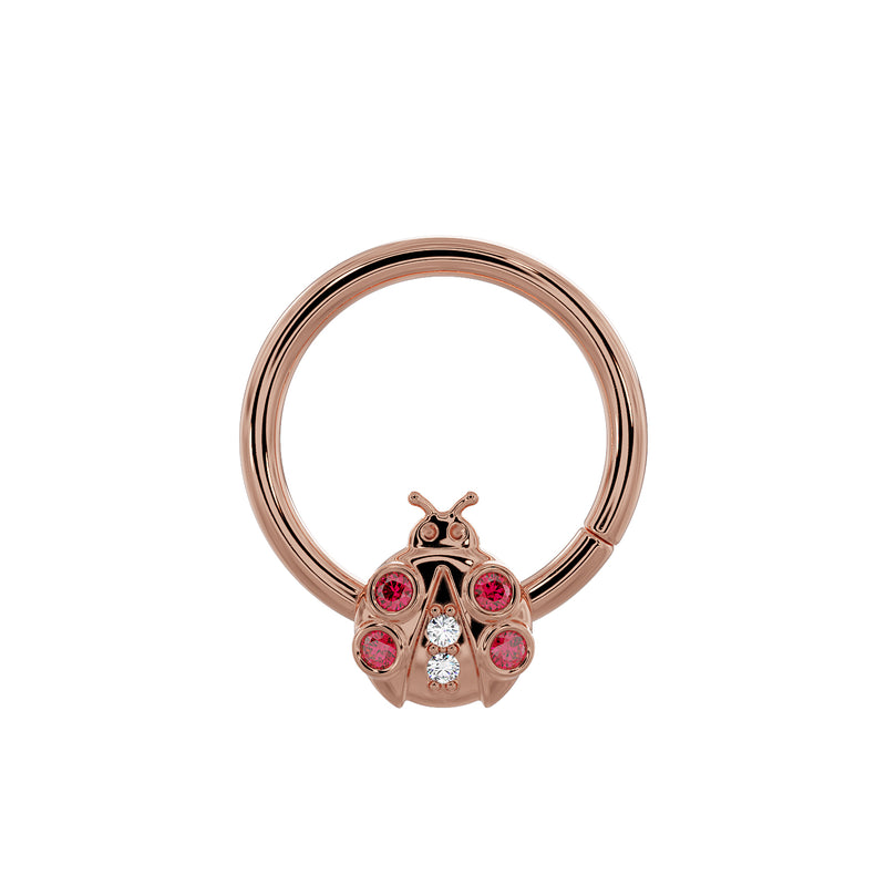 14K rose gold ladybug seam ring, larger diameter view highlighting garnet and diamond charm detail