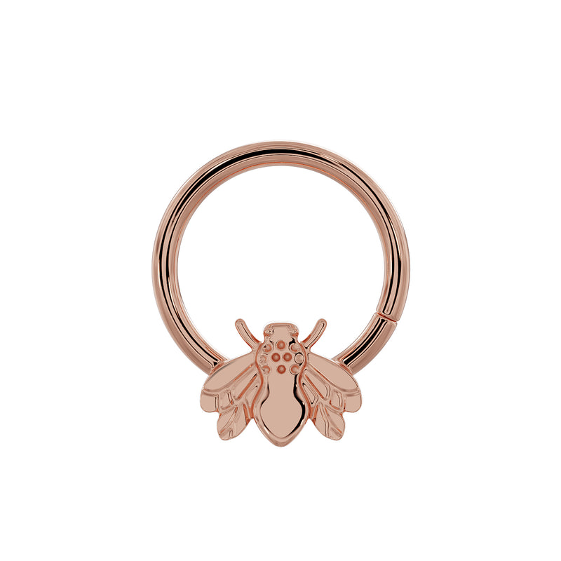 14K rose gold bee seam ring, larger diameter front view showing polished hoop and bee detail