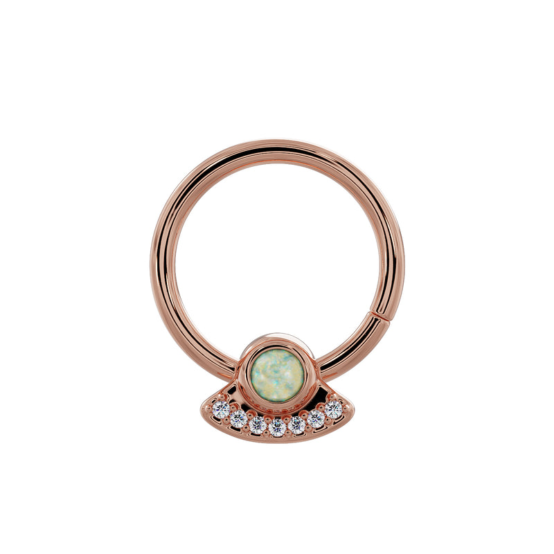 Close-up front view of 14K rose gold UFO seam ring showing opal bezel and diamond charm